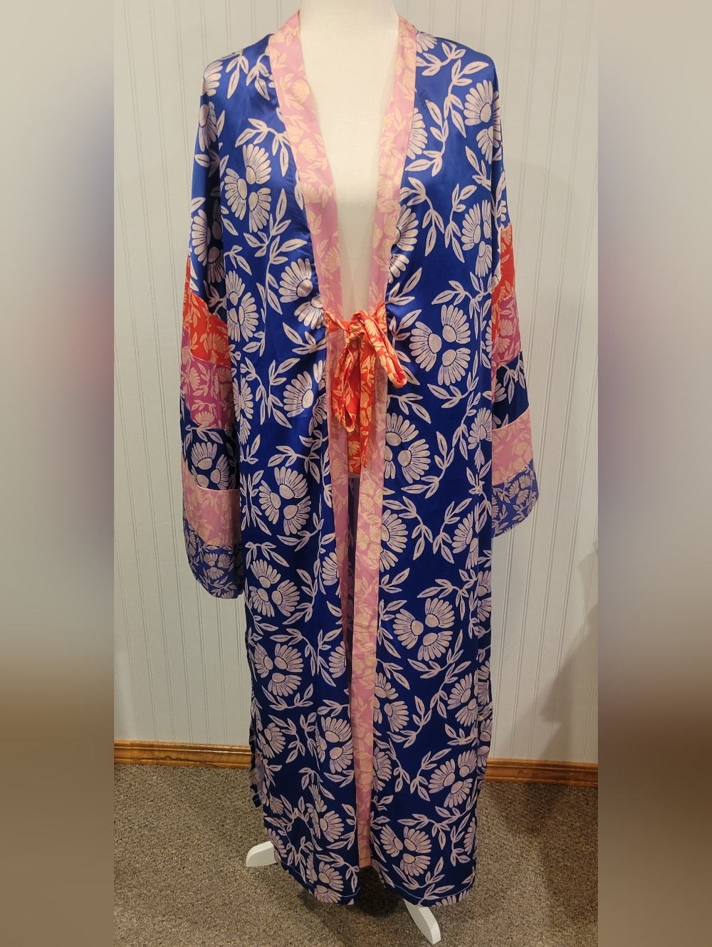 Hand Painted Floral Fabric Long Robe/duster with Pink Trim - Blue/Pink/orange